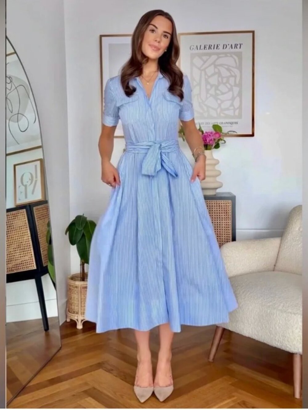 Zara Blue and White Striped Maxi Poplin Shirt dress Waist Tie S M NWT 2640/596 - Picture 4 of 17
